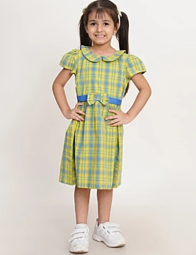 Creative Kid's Girls Yellow & Blue Cotton Regular Fit Chequered Dress